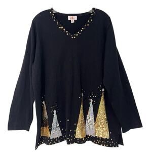The Quacker Factory Sequin Sweater 1X Black Gold Sparkle Christmas Tree Festive